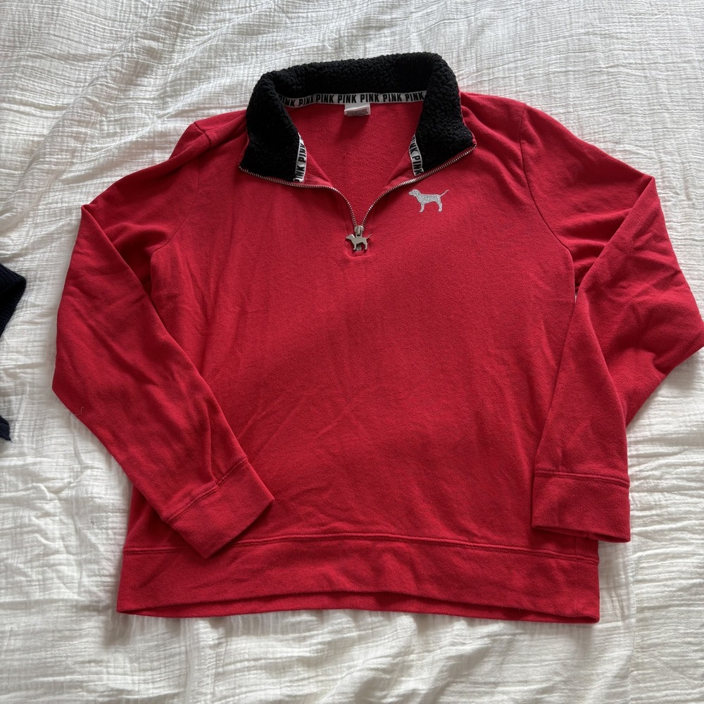 PINK Victoria Secret Sweatshirt Quarter Zip Sherpa Red Glitter Logo Athleisure L